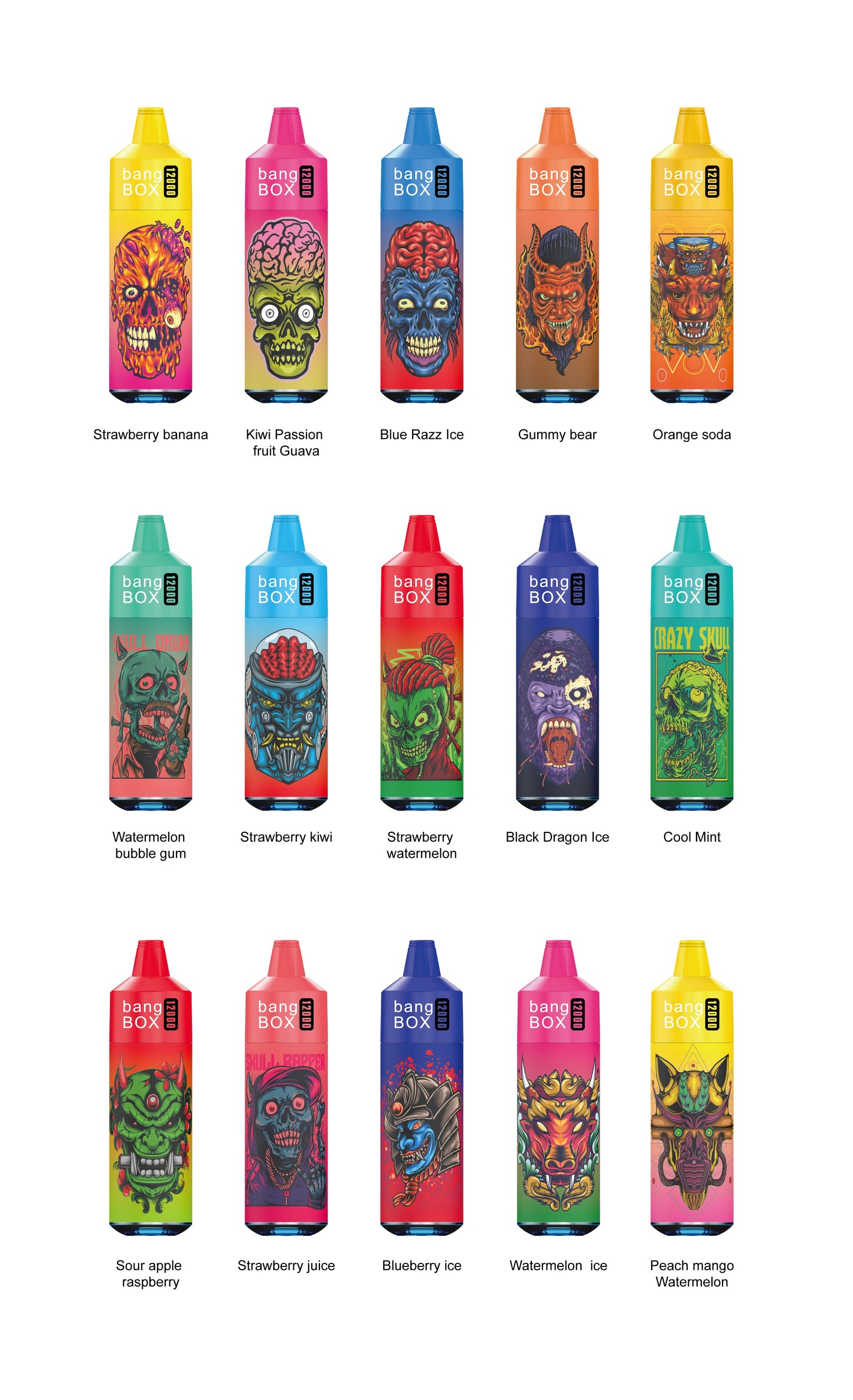 BANGBOX VAPE 12000 PUFFS/12 FLAVORS /RGB LIGHT/Battery650Mah /E-juice volume: 28ml 12flavors.