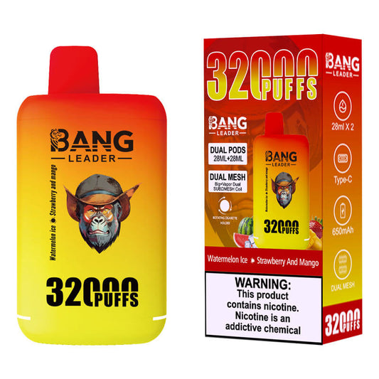 Bang Leader 32000 Puffs Disposable Vape (0% to 5% Nicotine) - Dual Pods, 26ml+26ml E-Liquid 650mah Type-C Rechargeable 18  Flavors