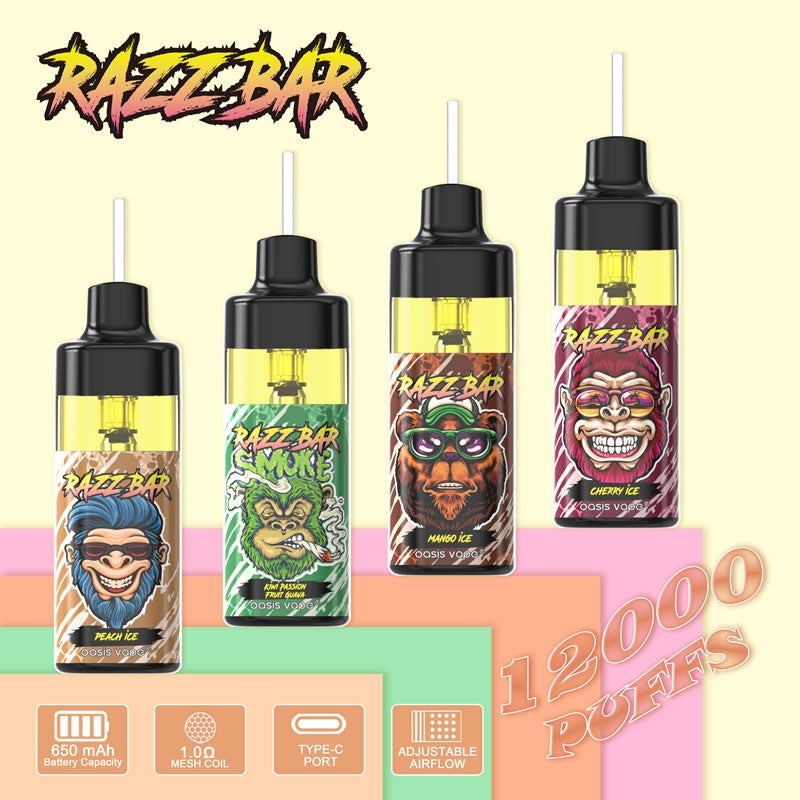 Razz Bar 12000 Puffs - 22mL, 5% Nic Salt, 16 Flavors, Mesh Coil