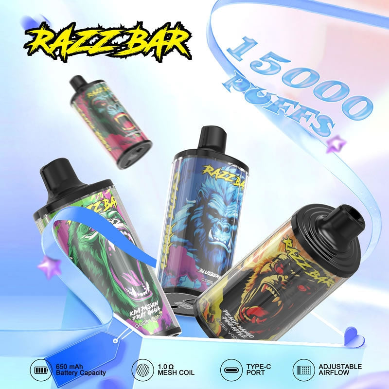 Razz Bar 15000 Puffs - 28mL, 5% Nic Salt, 12 Flavors, RGB Lights